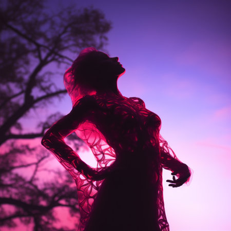 silhouette of a woman in a dress at sunsetの素材