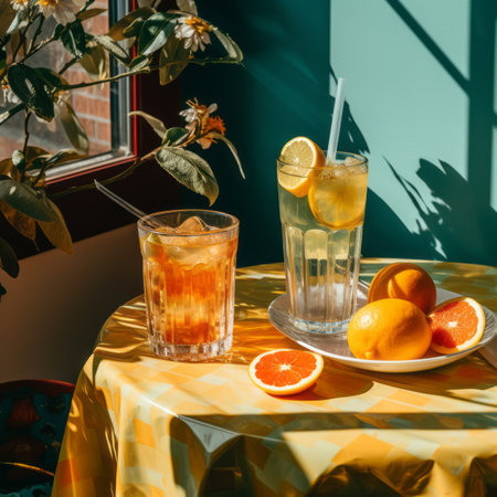 two glasses of lemonade and orange slices on a tableの素材