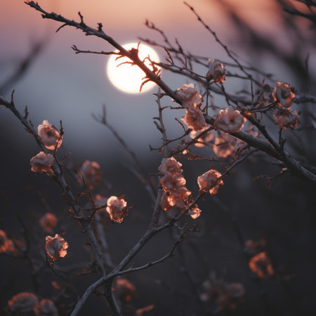 the sun is setting behind a tree branch with flowersの素材