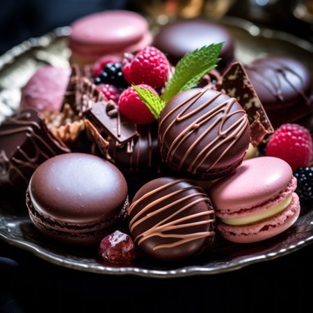 chocolate macarons on a plate with berries and mint leavesの素材