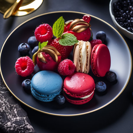 red white and blue macarons on a black plateの素材