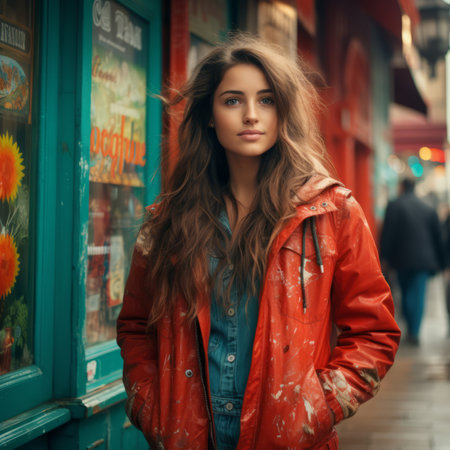 portrait of a beautiful young woman in a red jacket on a street in paris franceの素材