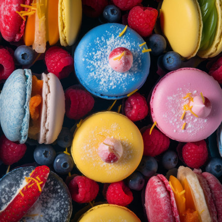 colorful macarons and berries on a black backgroundの素材