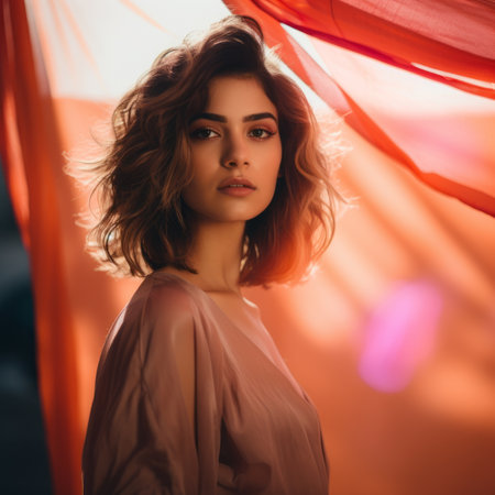 portrait of beautiful young woman with long wavy hair in front of red curtainの素材