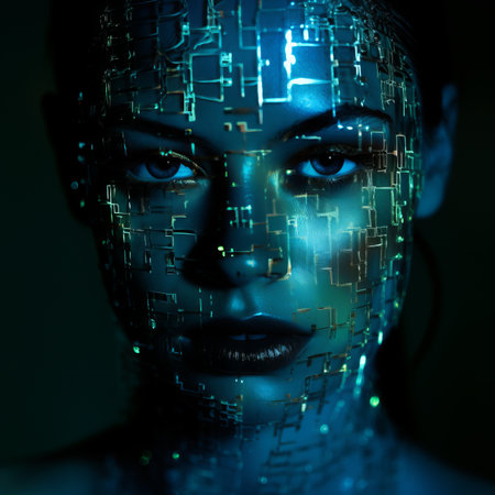 the face of a woman is made up of a circuit boardの素材