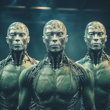 three men with green skin standing in front of each otherの素材