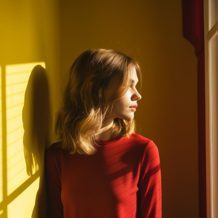 portrait of a young woman standing in front of a windowの素材