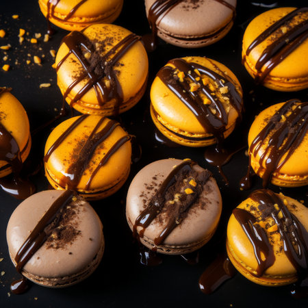 several macarons with chocolate and orange drizzle on a black backgroundの素材