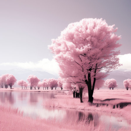 pink trees are reflected in the water of a fieldの素材