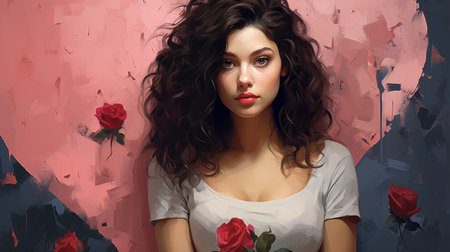 a painting of a woman holding a rose in front of a heartの素材