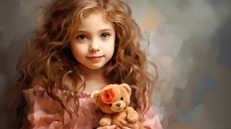 a painting of a little girl holding a teddy bearの素材