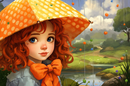 a girl with red hair and an orange umbrella is standing in the rainの素材