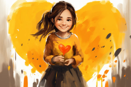a painting of a little girl holding a heartの素材