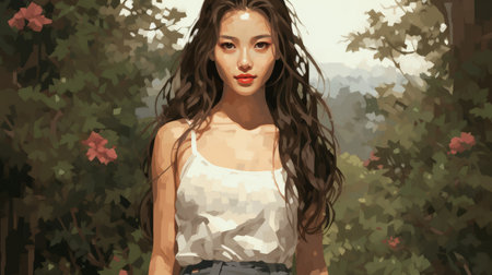 a painting of a woman standing in the woodsの素材