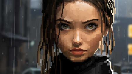 a pixel art image of a woman in the rainの素材