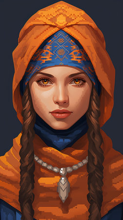 a pixel art portrait of a woman wearing an orange scarfの素材