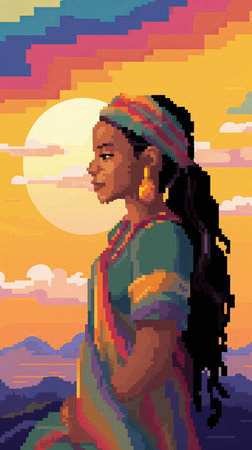 a pixel art image of a woman in a colorful dress standing in front of a sunsetの素材
