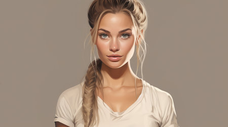 a woman with a braid in her hair and a white t - shirtの素材