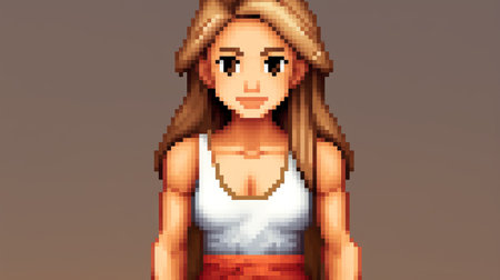 a pixel style image of a woman in a white tank top and red skirtの素材