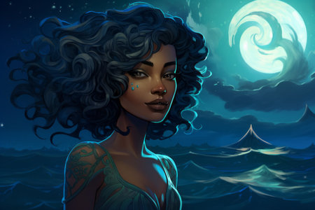 a woman with curly hair standing in front of the ocean with a full moon in the backgroundの素材