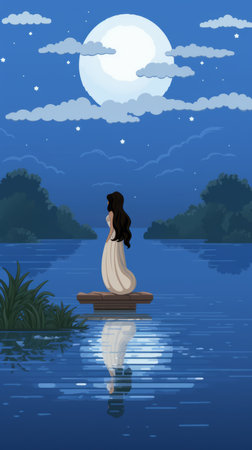 a woman sitting on a raft in front of a full moonの素材