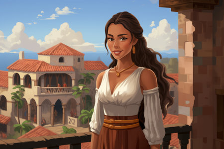 a woman with long brown hair standing on a balcony overlooking the oceanの素材