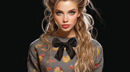 a woman with long hair and a bow tieの素材