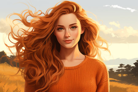 a woman with long red hair standing in a fieldの素材