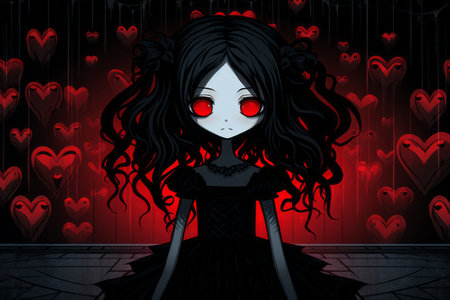 an anime girl with black hair and red eyes standing in front of red heartsの素材