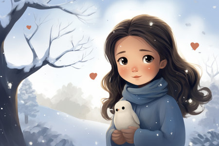 an illustration of a girl holding a white bird in the snowの素材