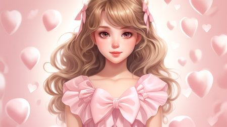 an illustration of a girl in a pink dress surrounded by heartsの素材