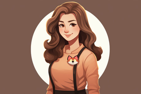 an illustration of a girl with brown hair and an orange cat on her shoulderの素材