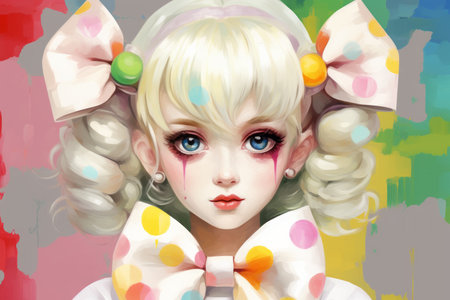 an illustration of a girl in a polka dot dress with a bow on her headの素材