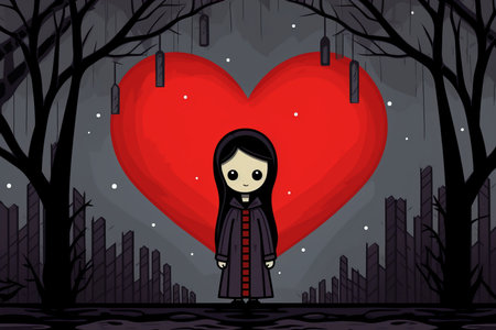 an illustration of a girl standing in front of a heartの素材