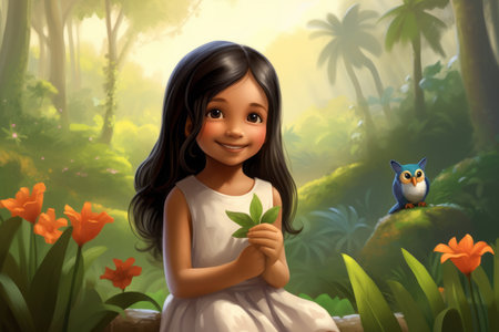 an illustration of a little girl in the jungle holding a leafの素材