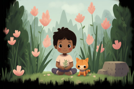 an illustration of a little boy sitting in the grass with an orange catの素材