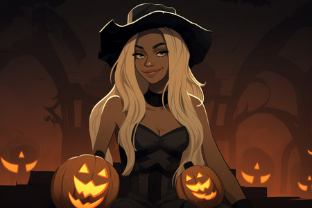 an illustration of a woman in a witch costume holding pumpkinsの素材