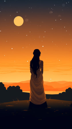 an illustration of a woman in a long dress standing on a hill at sunsetの素材