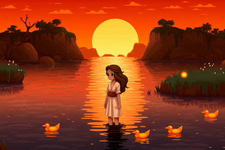 an illustration of a woman standing in the water at sunsetの素材