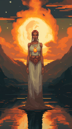 an illustration of a woman standing in front of a sunsetの素材