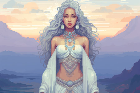 an illustration of a woman with long white hair standing on top of a mountainの素材