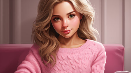 a beautiful blonde woman in a pink sweater holding a cup of coffeeの素材