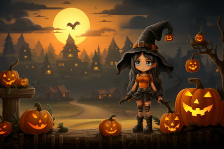 a cartoon witch standing in front of pumpkins in a halloween sceneの素材