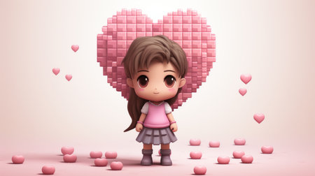a cute little girl with pink hearts around herの素材