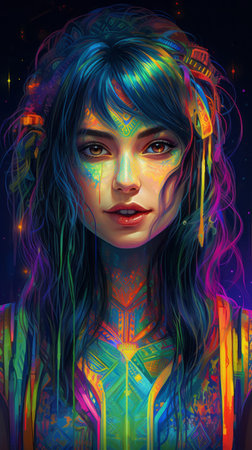 a digital painting of a woman with colorful hairの素材