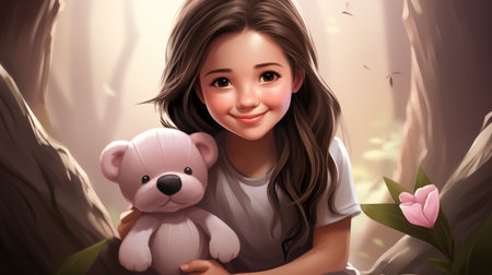 a girl holding a teddy bear in the woodsの素材