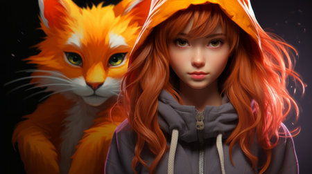a girl in a hoodie and orange catの素材
