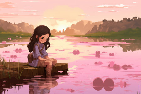 a girl sitting on a log in the water with pink flowersの素材