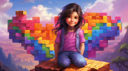 a girl sitting on top of a pile of colorful blocksの素材