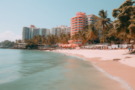 a beach with palm trees and buildings in the backgroundの素材